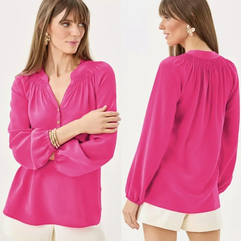 Lilly Pulitzer Elsa 100% Silk Long Sleeved Blouse Top in Parigi Pink, size M - Picture 1 of 10